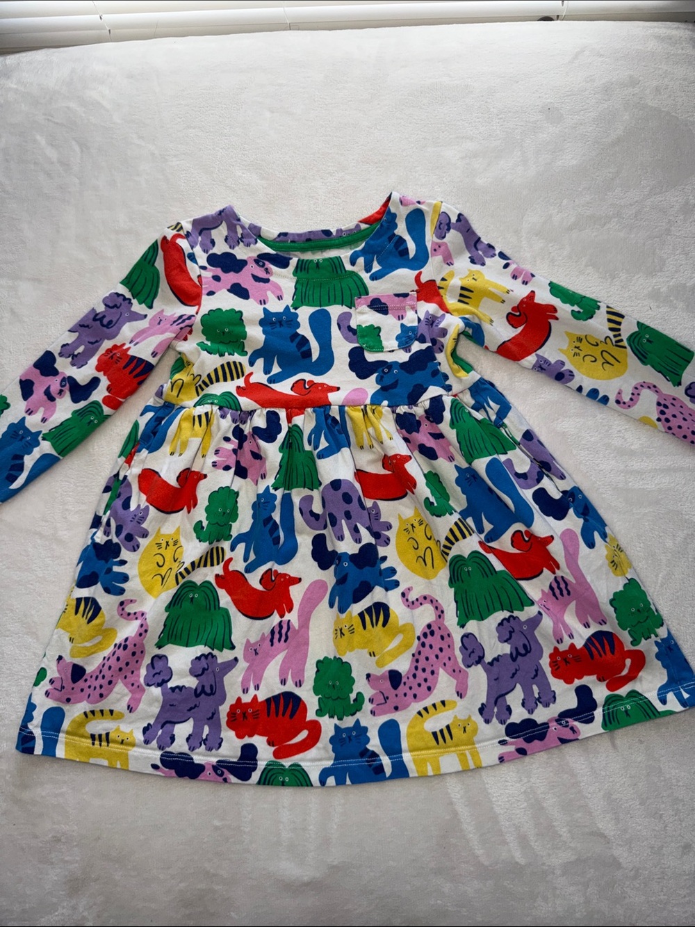 Mini Boden White Long-Sleeve Dress with Multicolor Animal Prints